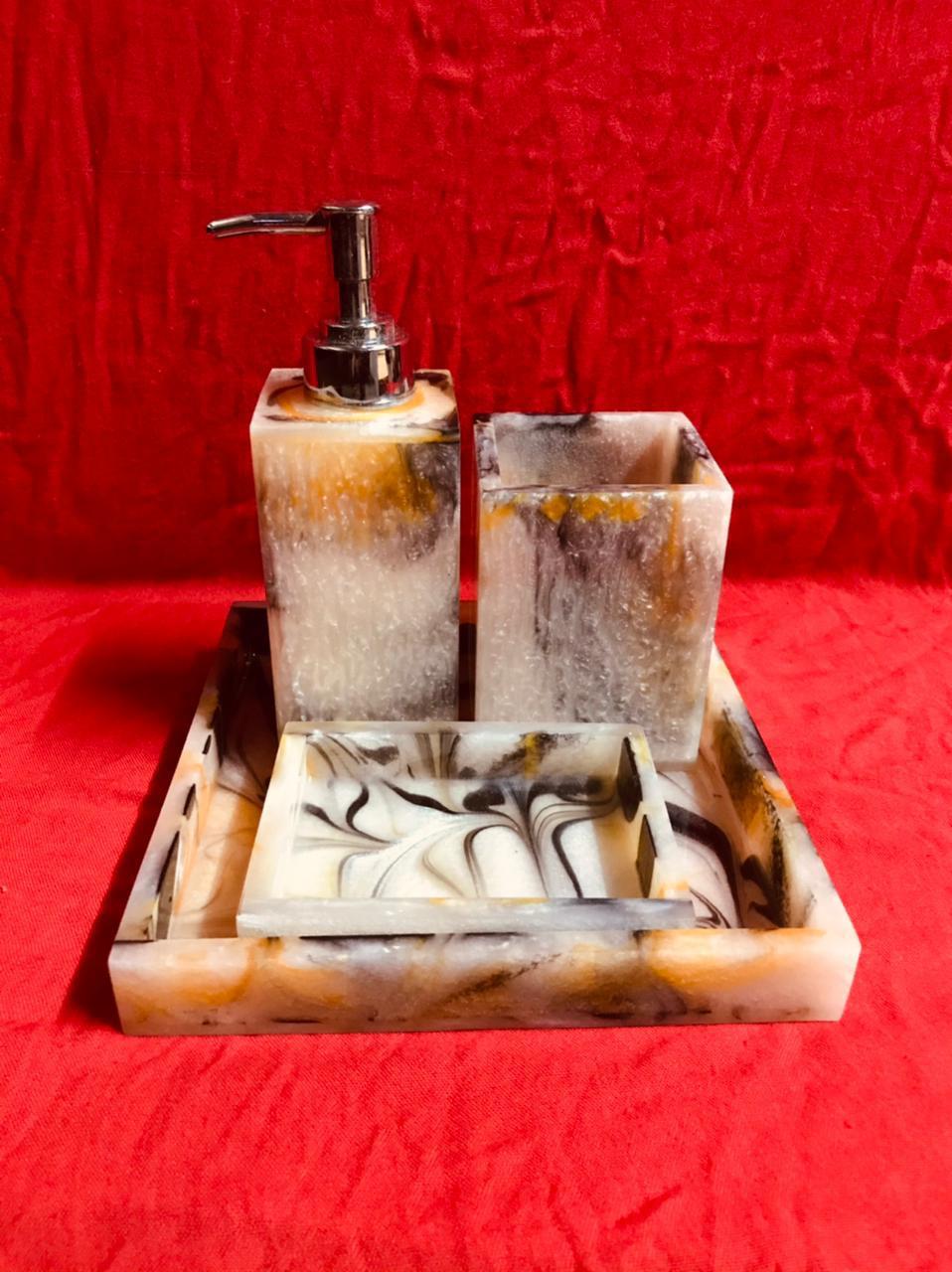 Resin Bathroom Accessory Sets Wholesale from India — Marble-Effect Soap Dispenser & Tray Sets