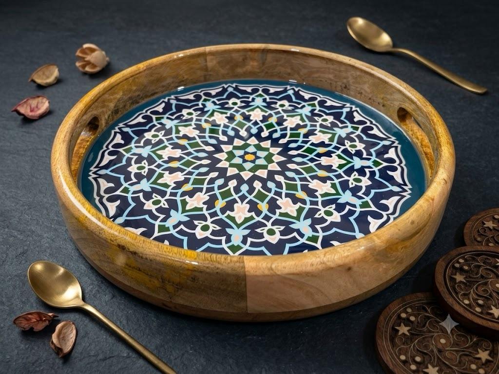 Round Mango Wood Tray with Blue Geometric Resin Art
