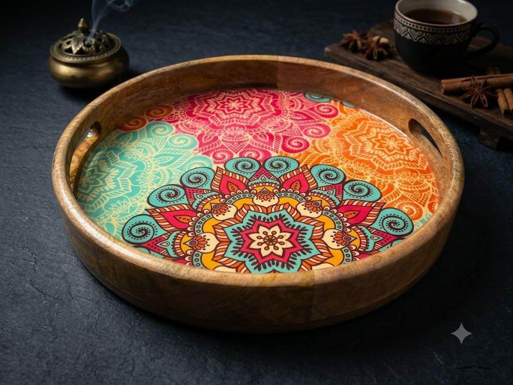 Round Mango Wood Tray with Colorful Mandala Resin Art