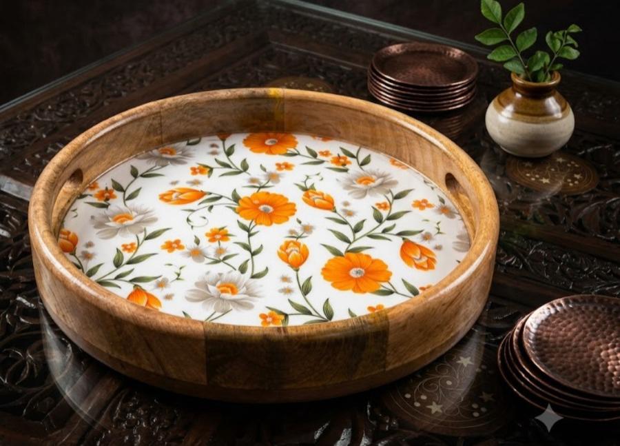 Round Mango Wood Tray with Orange Floral Resin Art